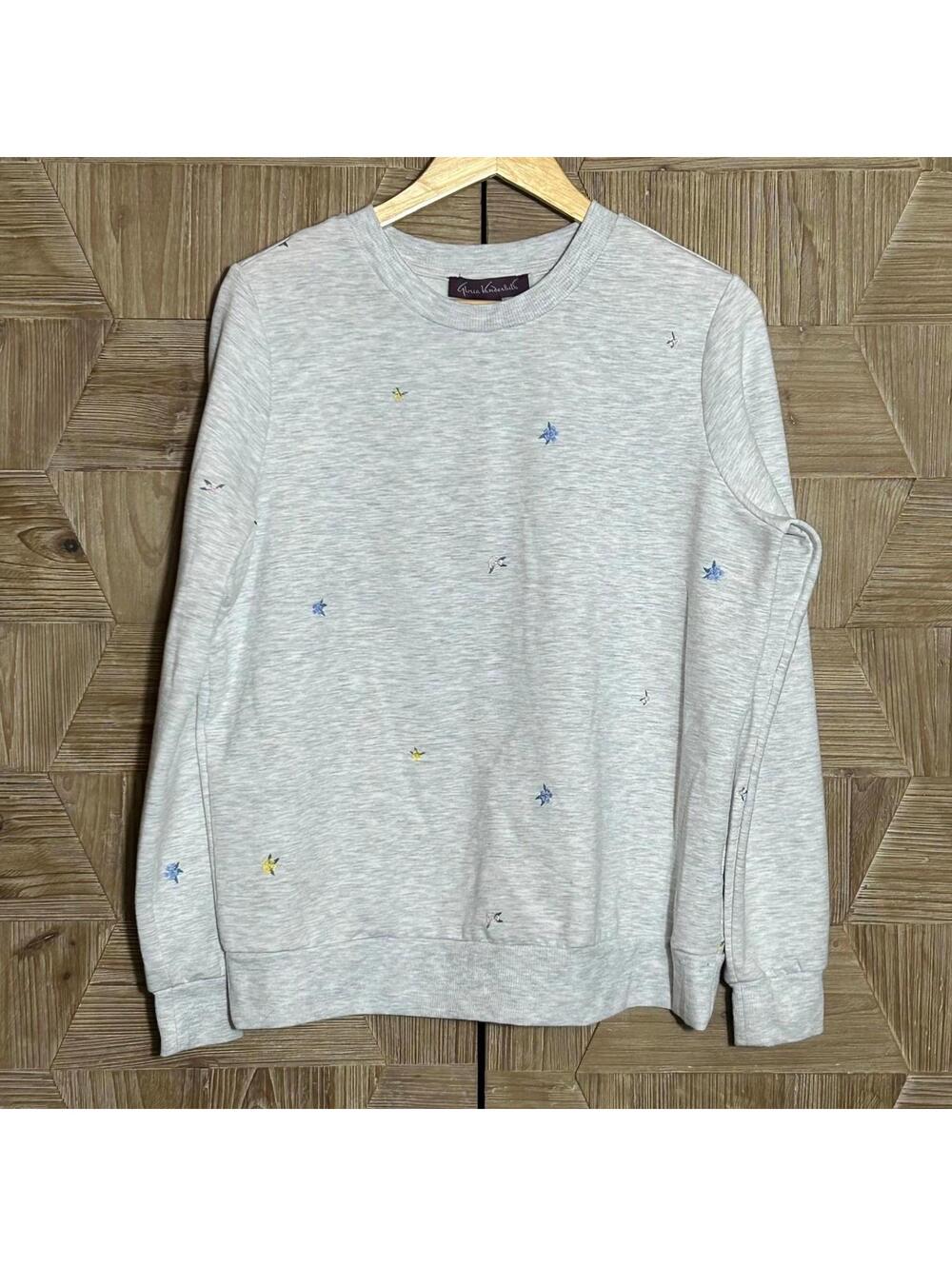 Gloria Vanderbilt Womens Gray Embroidered Floral Crewneck Sweatshirt Size M